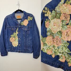 LEVI'S Floral Painted Patch Denim Jean Jacket Pockets Preppy Upcycled Size M